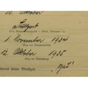 Wehrmacht demobilization certificate. 1 Komp/ I Btl. Inf.Rgt 13, 1935 year. Espenlaub militaria